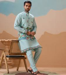 SKY BLUE VISCOSE SILK THREAD & SEQUINS EMBROIDERED WORK WEDDING FESTIVAL PARTY WEAR STRAIGHT KURTA WITH JACKE AND PANT