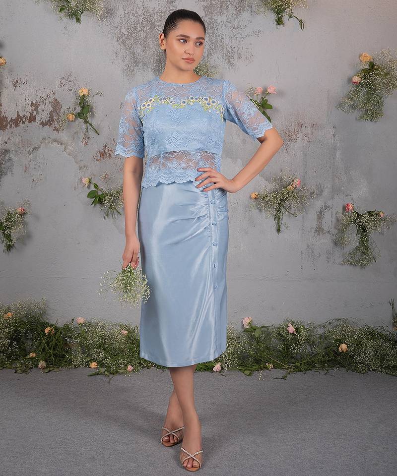 Blue embroidered silk co ord set