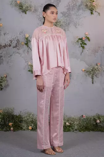 Pink embroidered silk co ord set