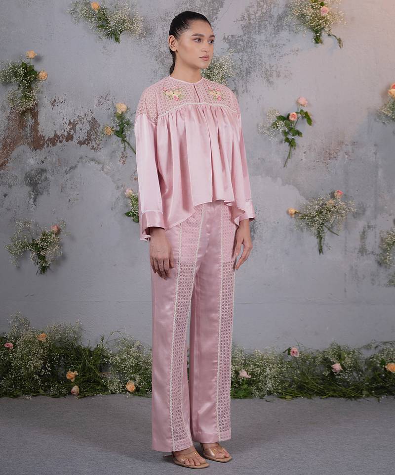 Pink embroidered silk co ord set