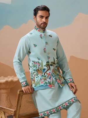 SKY BLUE VISCOSE SILK THREAD & SEQUINS EMBROIDERED WORK WEDDING FESTIVAL PARTY WEAR STRAIGHT KURTA WITH JACKE AND PANT 3