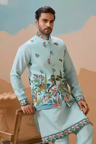 SKY BLUE VISCOSE SILK THREAD & SEQUINS EMBROIDERED WORK WEDDING FESTIVAL PARTY WEAR STRAIGHT KURTA WITH JACKE AND PANT