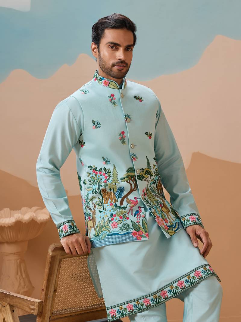 Sky blue viscose silk thread & sequins embroidered work wedding festival party wear straight kurta with jacke and pant
