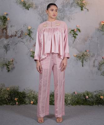 Pink embroidered silk co ord set 2
