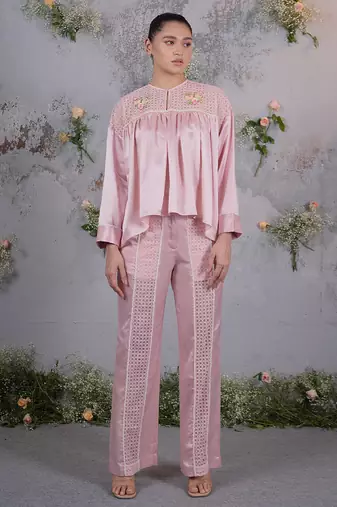 Pink embroidered silk co ord set