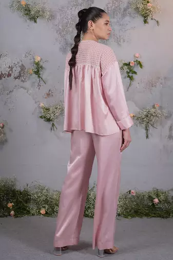 Pink embroidered silk co ord set