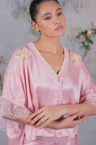 Pink embroidered silk co ord set