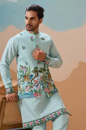 SKY BLUE VISCOSE SILK THREAD & SEQUINS EMBROIDERED WORK WEDDING FESTIVAL PARTY WEAR STRAIGHT KURTA WITH JACKE AND PANT