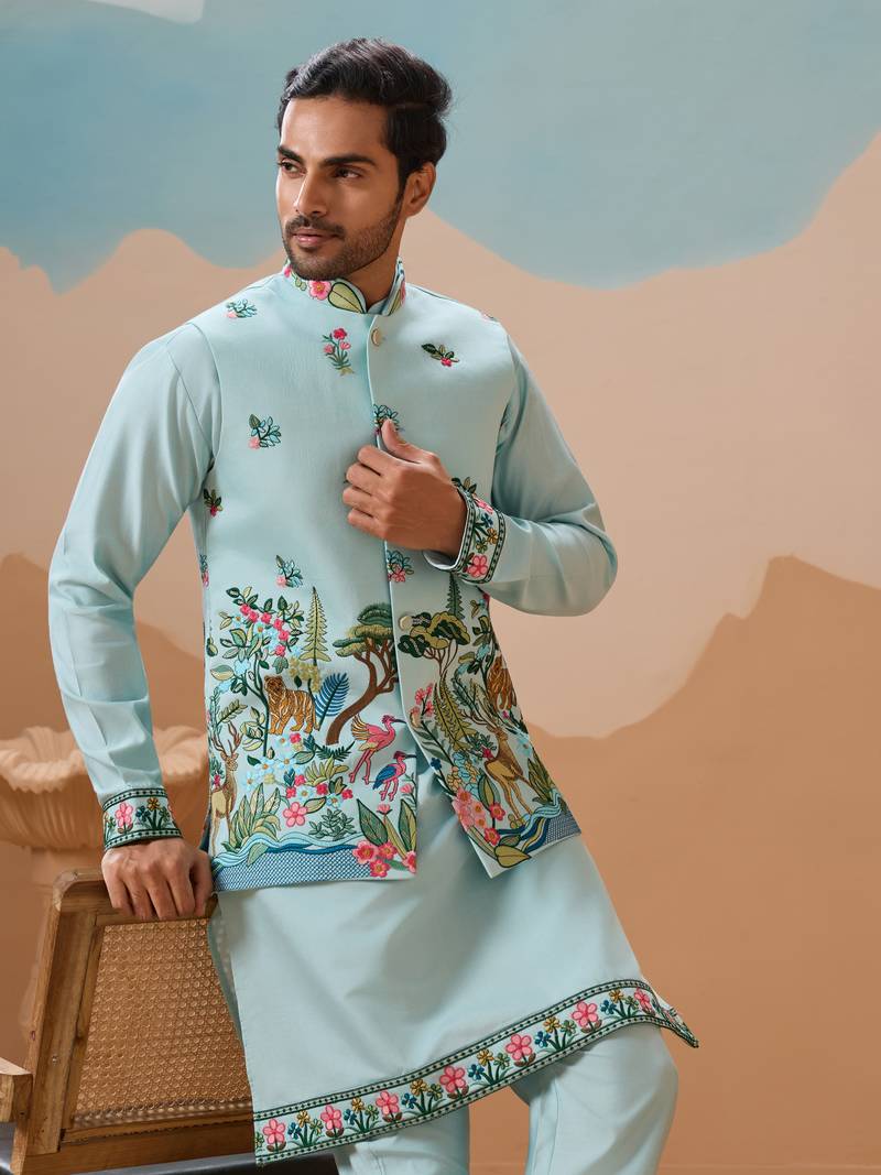 Sky blue viscose silk thread & sequins embroidered work wedding festival party wear straight kurta with jacke and pant