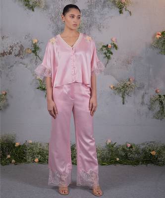 Pink embroidered silk co ord set 1
