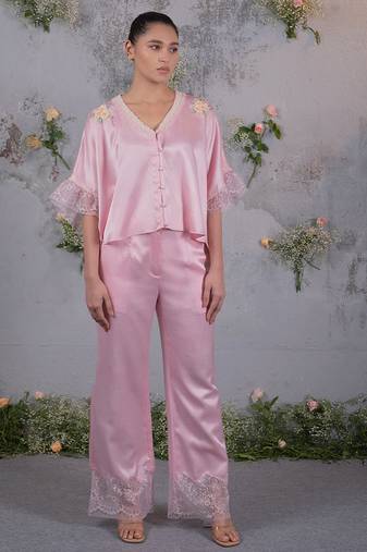 Pink embroidered silk co ord set