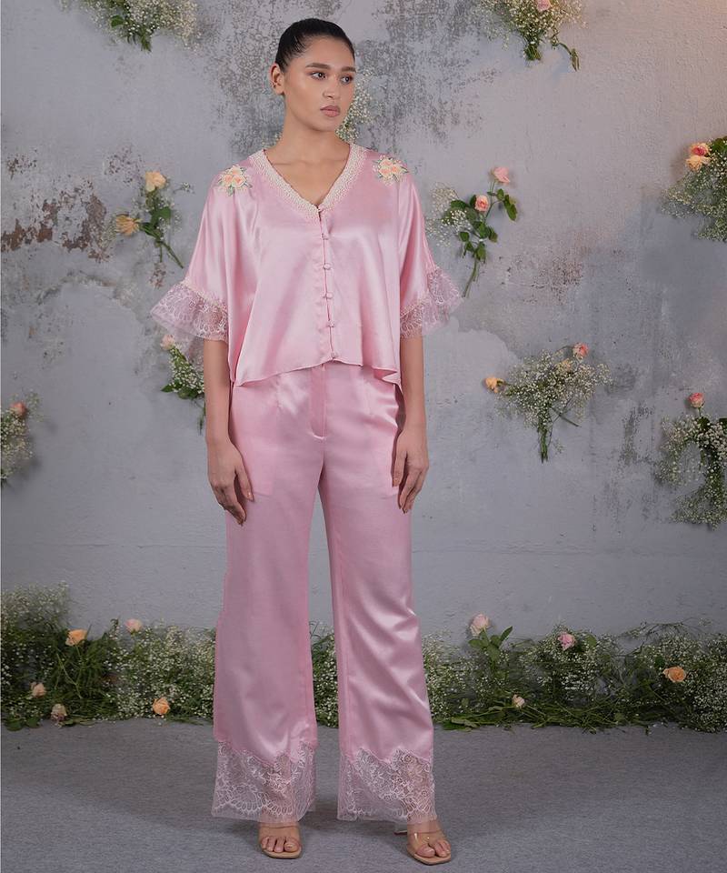 Pink embroidered silk co ord set