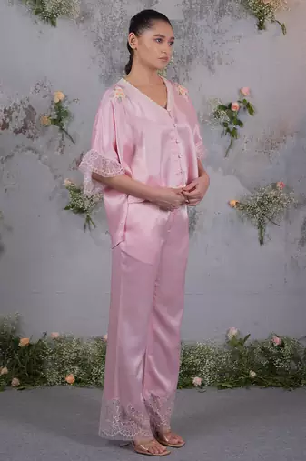 Pink embroidered silk co ord set