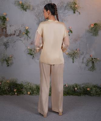 Beige embroidered satin co ord set 2
