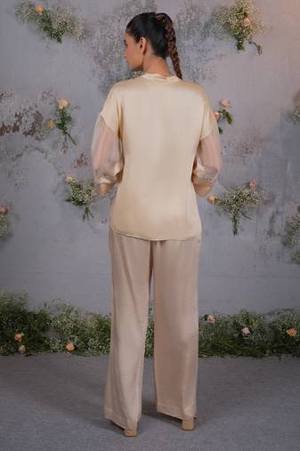 Beige embroidered satin co ord set