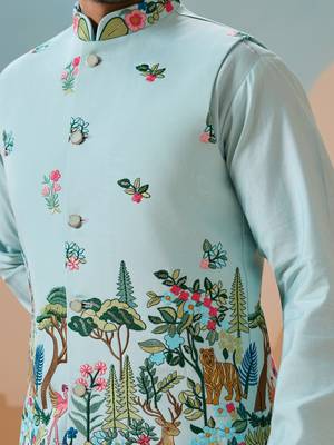 SKY BLUE VISCOSE SILK THREAD & SEQUINS EMBROIDERED WORK WEDDING FESTIVAL PARTY WEAR STRAIGHT KURTA WITH JACKE AND PANT 5