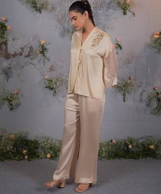 Beige embroidered satin co ord set 3