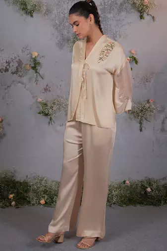 Beige embroidered satin co ord set