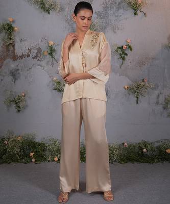 Beige embroidered satin co ord set 1