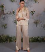 Beige embroidered satin co ord set