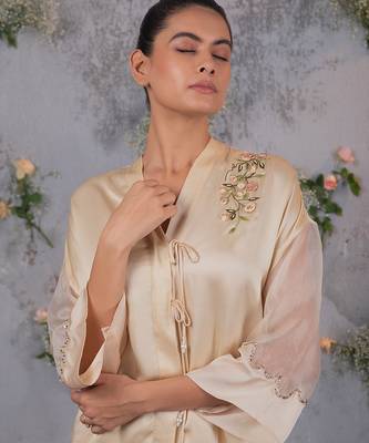Beige embroidered satin co ord set 4