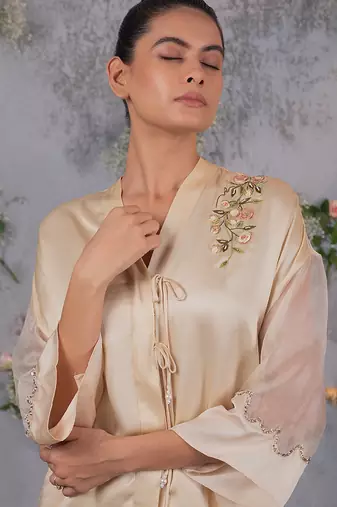 Beige embroidered satin co ord set