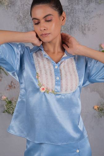 Blue embroidered silk co ord set