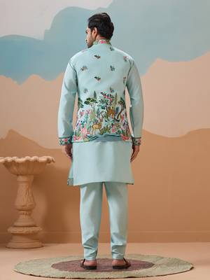 SKY BLUE VISCOSE SILK THREAD & SEQUINS EMBROIDERED WORK WEDDING FESTIVAL PARTY WEAR STRAIGHT KURTA WITH JACKE AND PANT 6