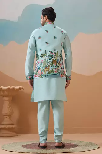SKY BLUE VISCOSE SILK THREAD & SEQUINS EMBROIDERED WORK WEDDING FESTIVAL PARTY WEAR STRAIGHT KURTA WITH JACKE AND PANT