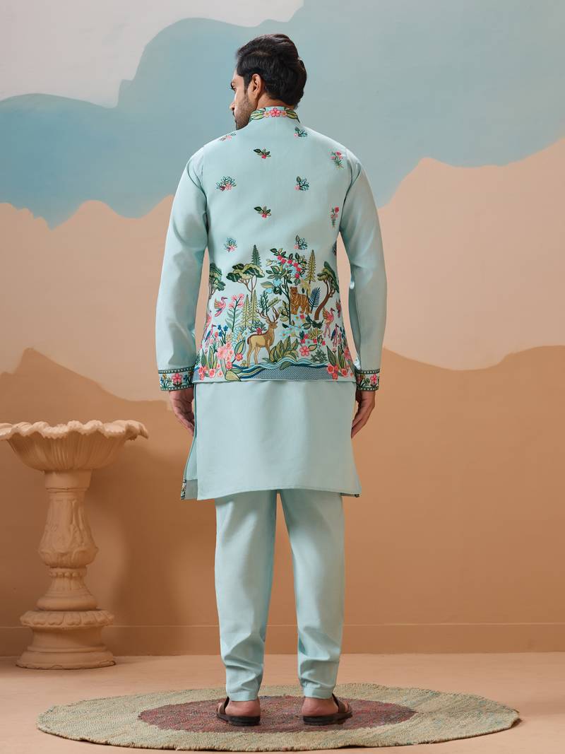 Sky blue viscose silk thread & sequins embroidered work wedding festival party wear straight kurta with jacke and pant