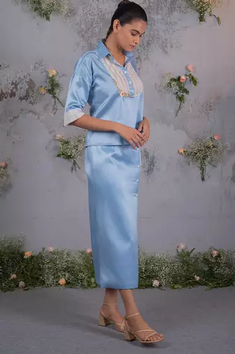Blue embroidered silk co ord set