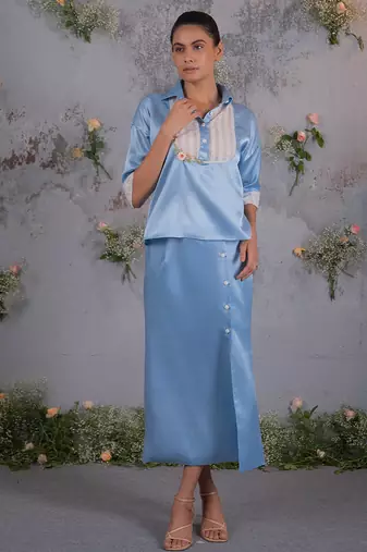 Blue embroidered silk co ord set