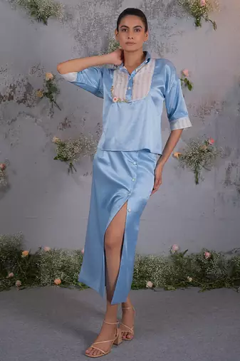 Blue embroidered silk co ord set