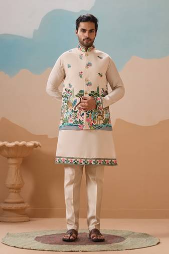 Beige viscose silk thread & sequins embroidered work wedding festival party wear straight kurta with jacke and pant