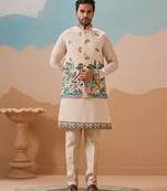 Beige viscose silk thread & sequins embroidered work wedding festival party wear straight kurta with jacke and pant