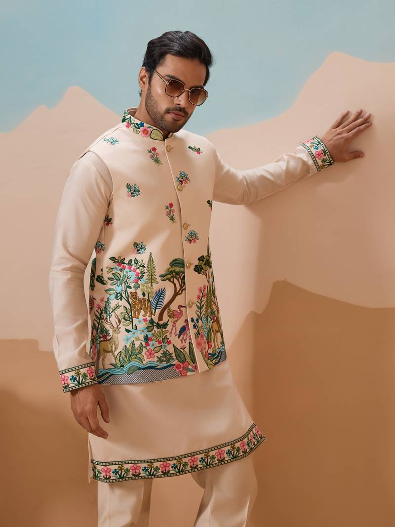 Beige viscose silk thread & sequins embroidered work wedding festival party wear straight kurta with jacke and pant