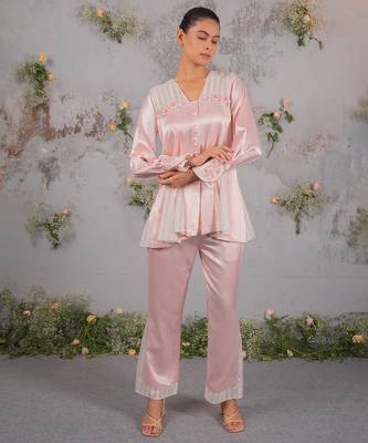 Pink embroidered silk co ord set 1