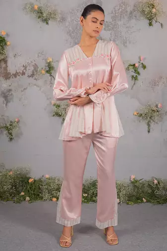 Pink embroidered silk co ord set