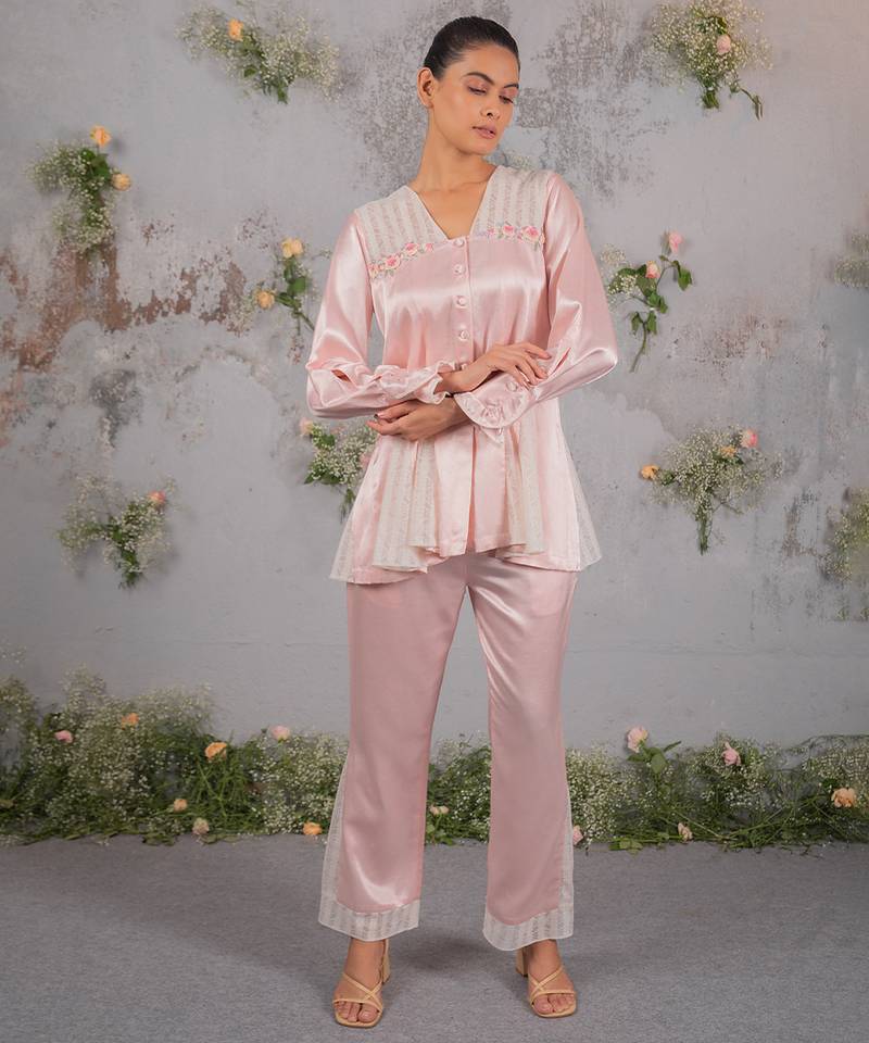 Pink embroidered silk co ord set
