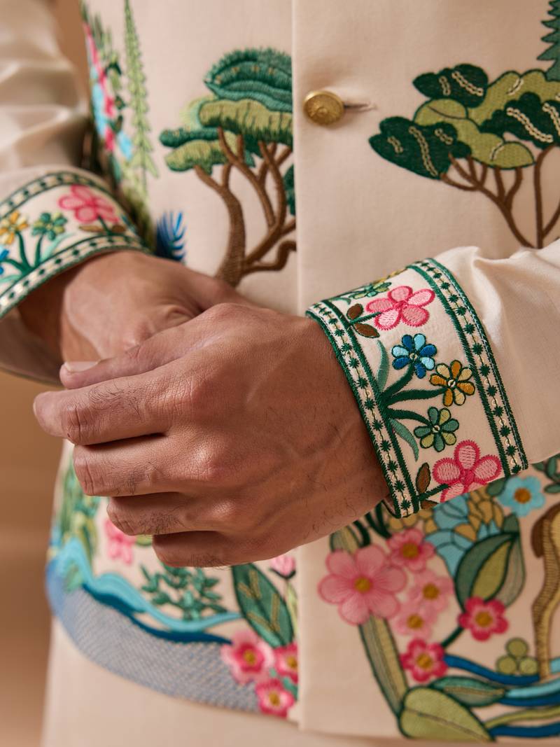 Beige viscose silk thread & sequins embroidered work wedding festival party wear straight kurta with jacke and pant