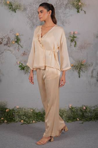 Beige embroidered organza co ord set