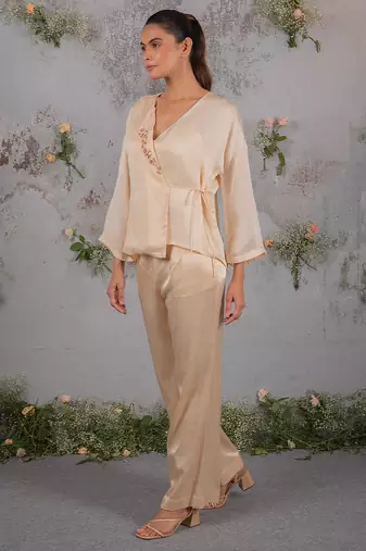 Beige embroidered organza co ord set