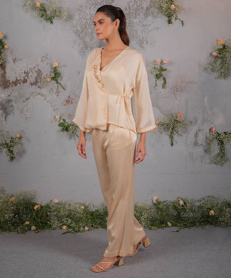 Beige embroidered organza co ord set