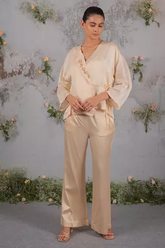Beige embroidered organza co ord set