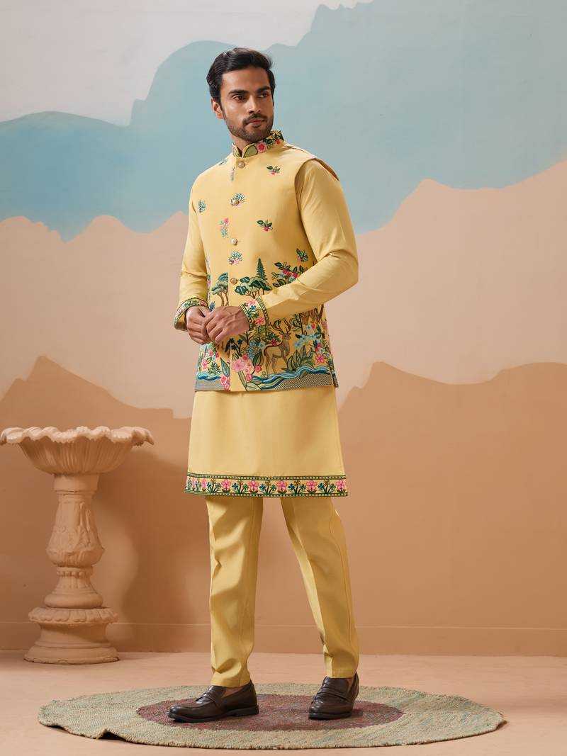 Yellow viscose silk thread & sequins embroidered work wedding festival party wear straight kurta with jacke and pant