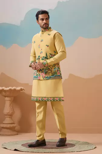 Yellow viscose silk thread & sequins embroidered work wedding festival party wear straight kurta with jacke and pant