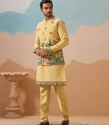 YELLOW VISCOSE SILK THREAD & SEQUINS EMBROIDERED WORK WEDDING FESTIVAL PARTY WEAR STRAIGHT KURTA WITH JACKE AND PANT