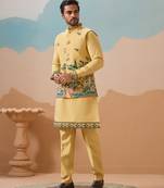 Yellow viscose silk thread & sequins embroidered work wedding festival party wear straight kurta with jacke and pant