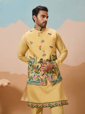 YELLOW VISCOSE SILK THREAD & SEQUINS EMBROIDERED WORK WEDDING FESTIVAL PARTY WEAR STRAIGHT KURTA WITH JACKE AND PANT 3