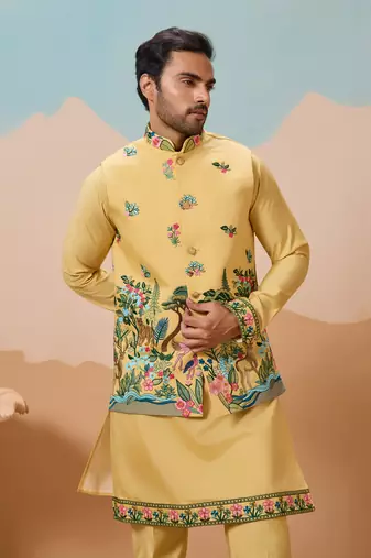 YELLOW VISCOSE SILK THREAD & SEQUINS EMBROIDERED WORK WEDDING FESTIVAL PARTY WEAR STRAIGHT KURTA WITH JACKE AND PANT